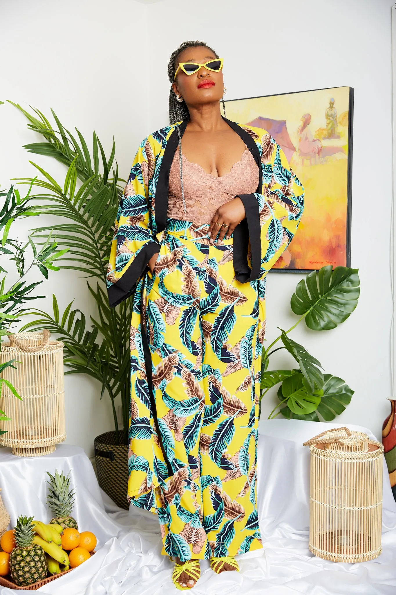 Tropical Yellow Crepe Print Kimono  (Trouser sold Separately)- Kelsey