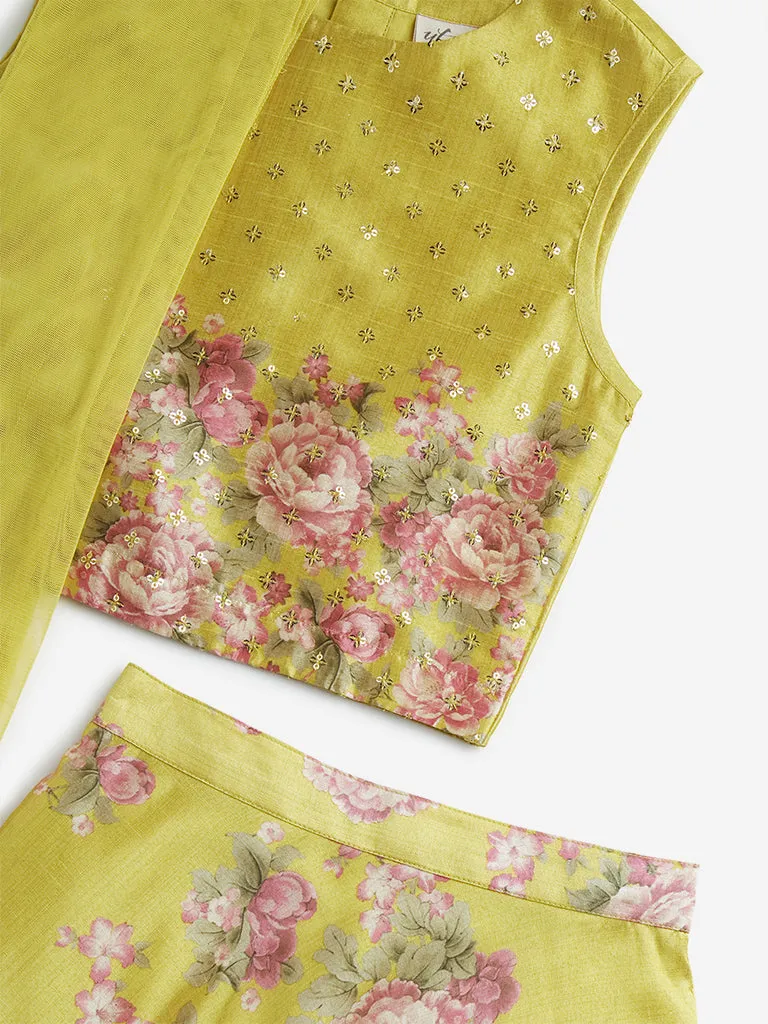 Utsa Kids Yellow Floral Printed Ghagra, Choli with Dupatta Set - (8 -14yrs)