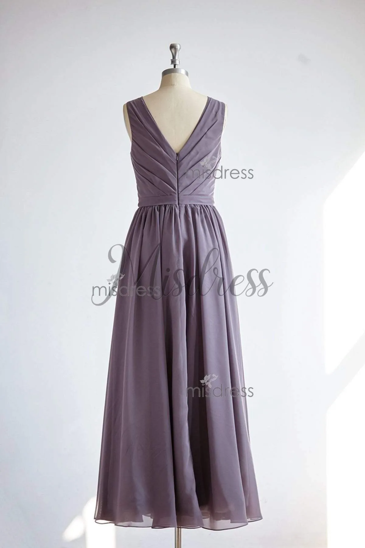 V Back Gray Chiffon Sleeveless Long Wedding Bridesmaid Dress