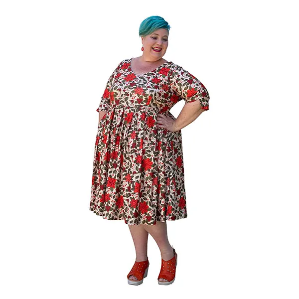 Vee dress with Sleeves in Orange Flora Plus Size Made to order 14 - 36