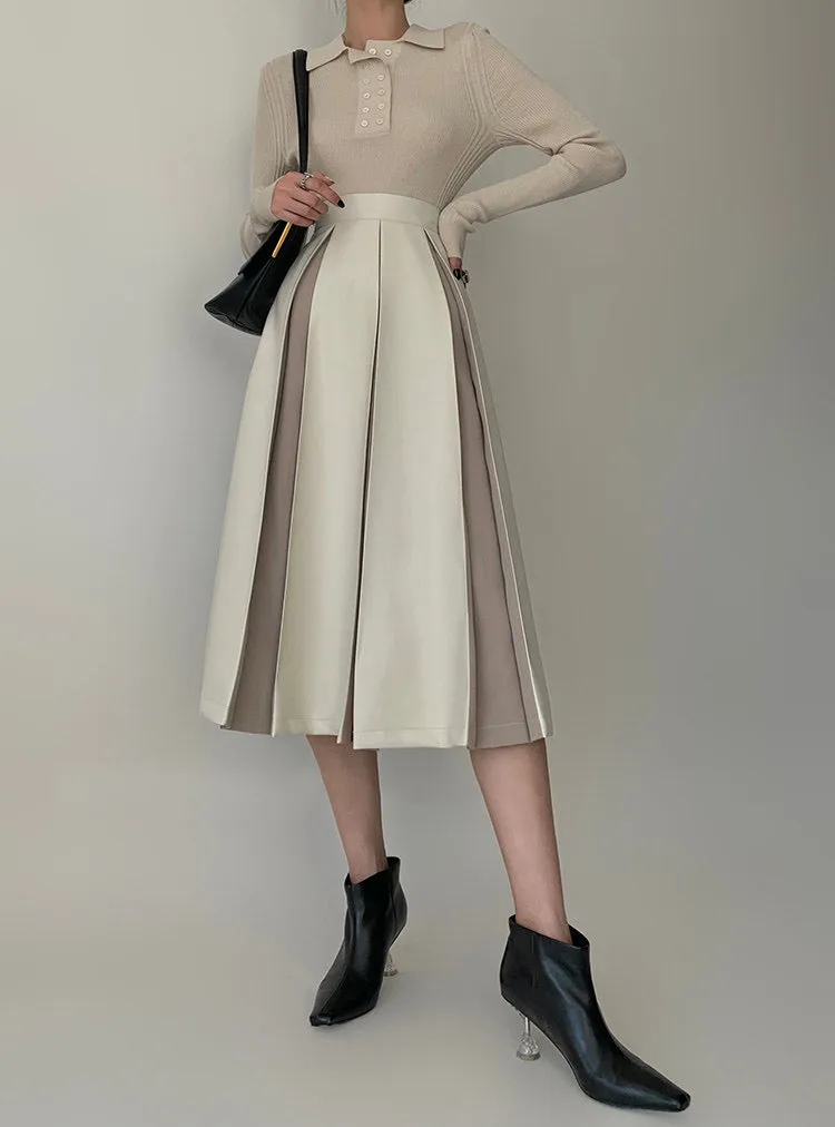 Vegan Leather Matching Pleated Midi Skirt - Khaki & White