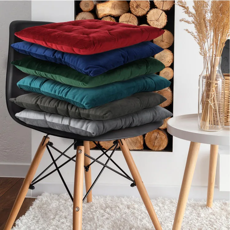 Velvet Slip Free Tufted  Chair Cushion Black 40x40cm - Pack of 2