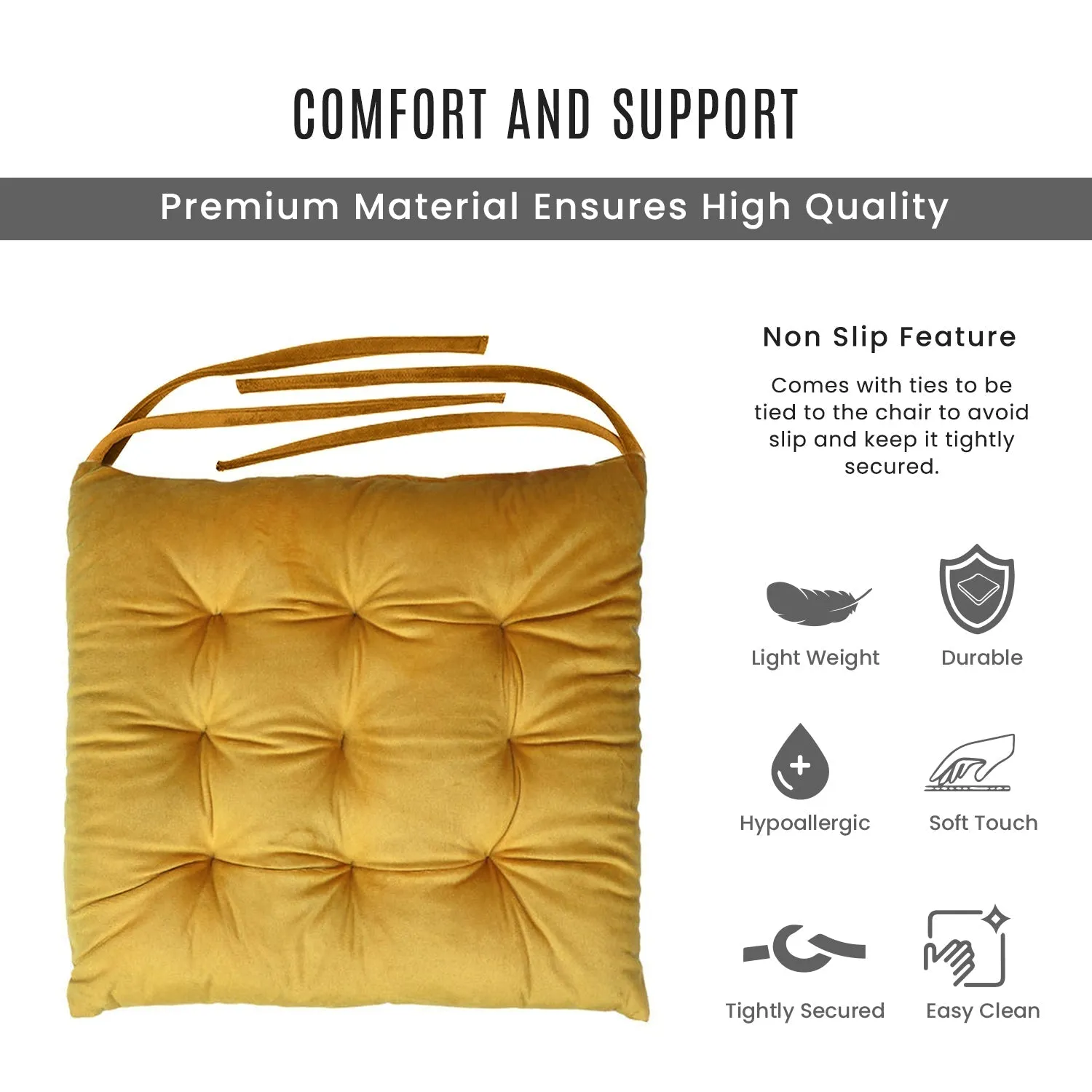 Velvet Slip Free Tufted  Chair Cushion Dark Mustard 40x40cm - Pack of 4