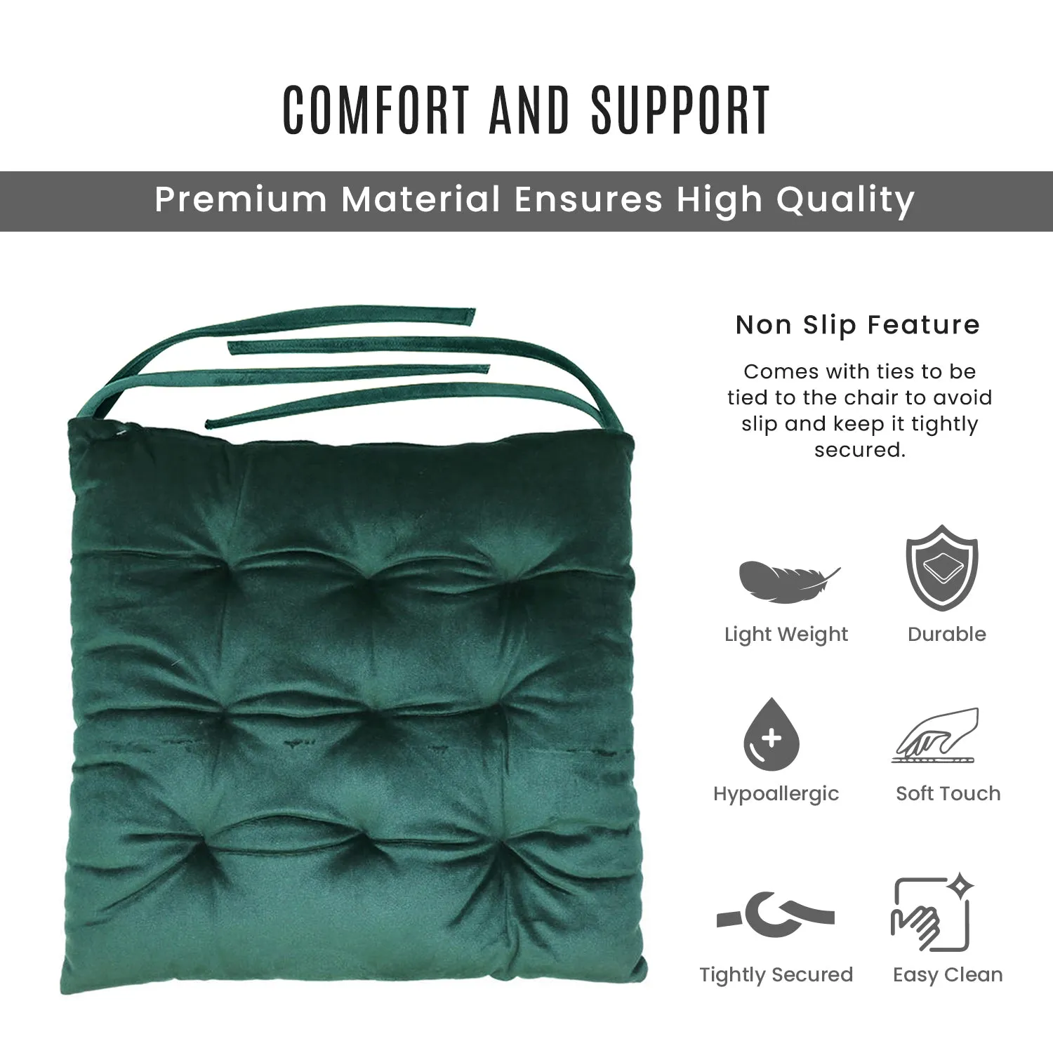 Velvet Slip Free Tufted  Chair Cushion Green 40x40cm