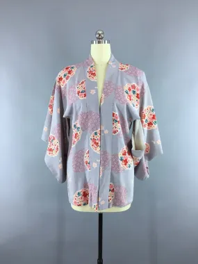 Vintage 1940s Vintage Kimono Jacket / Haori Kimono Cardigan / Grey Floral Print Cotton