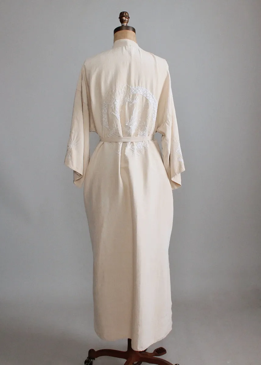 Vintage 1960s Neutrals Embroidered Kimono Robe