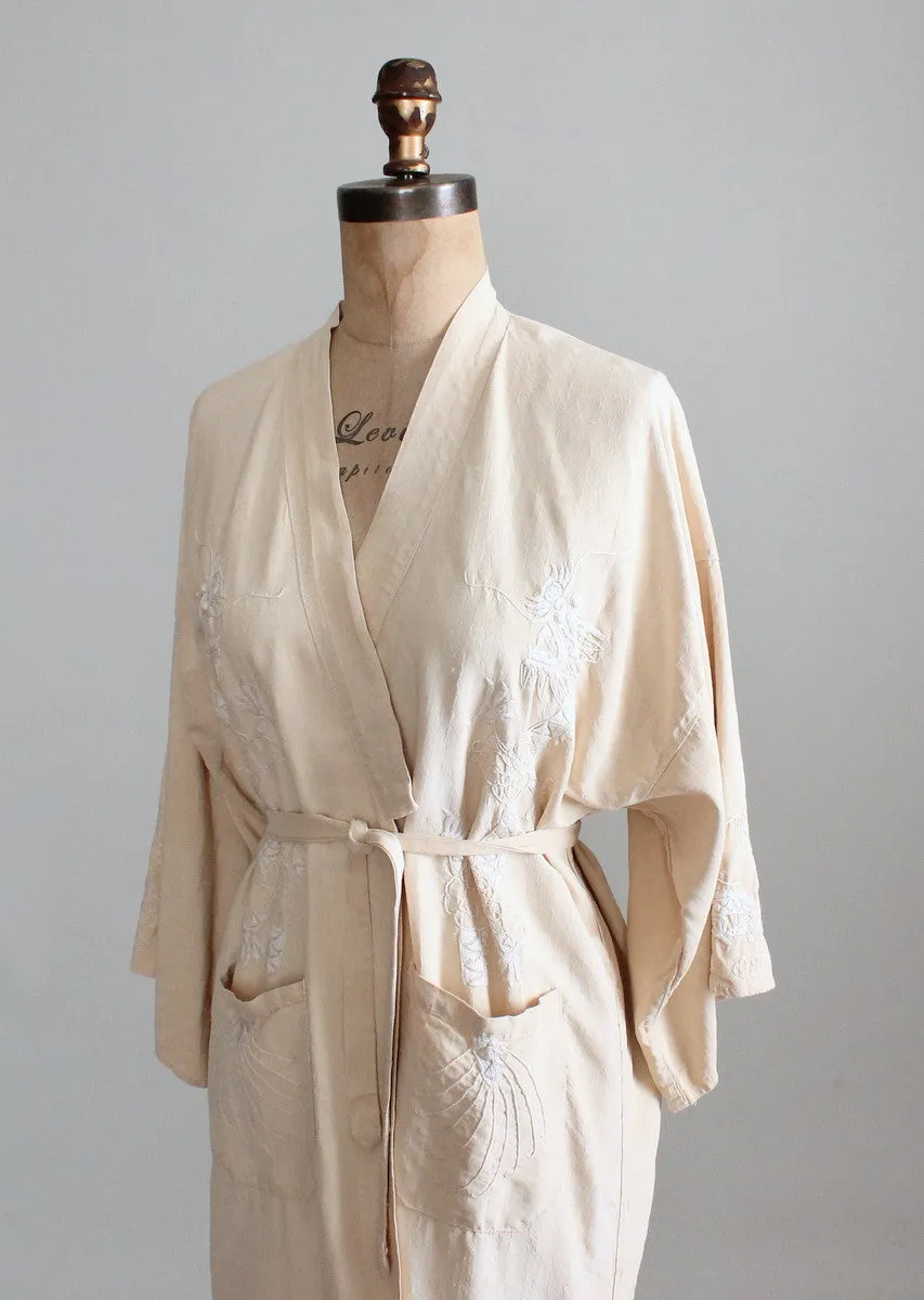 Vintage 1960s Neutrals Embroidered Kimono Robe