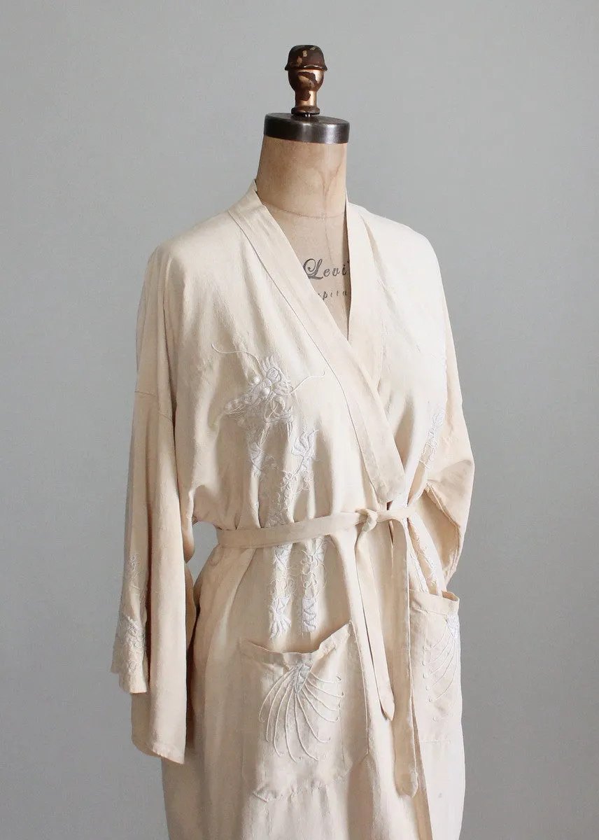 Vintage 1960s Neutrals Embroidered Kimono Robe