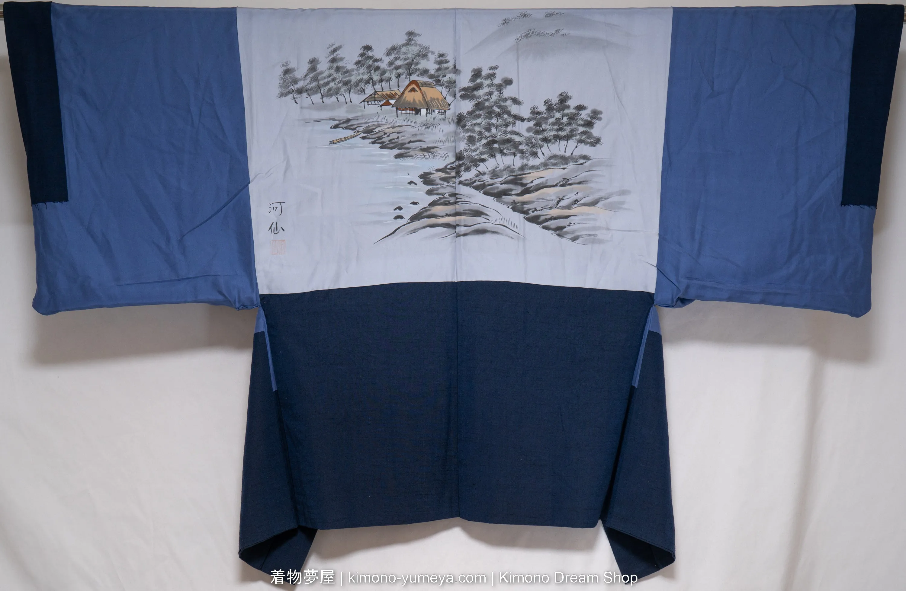 Vintage Blue Men's Haori - Raw Silk Traditional Japanese Kimono Jacket for Guys - Seaside Village & Trees on Lining