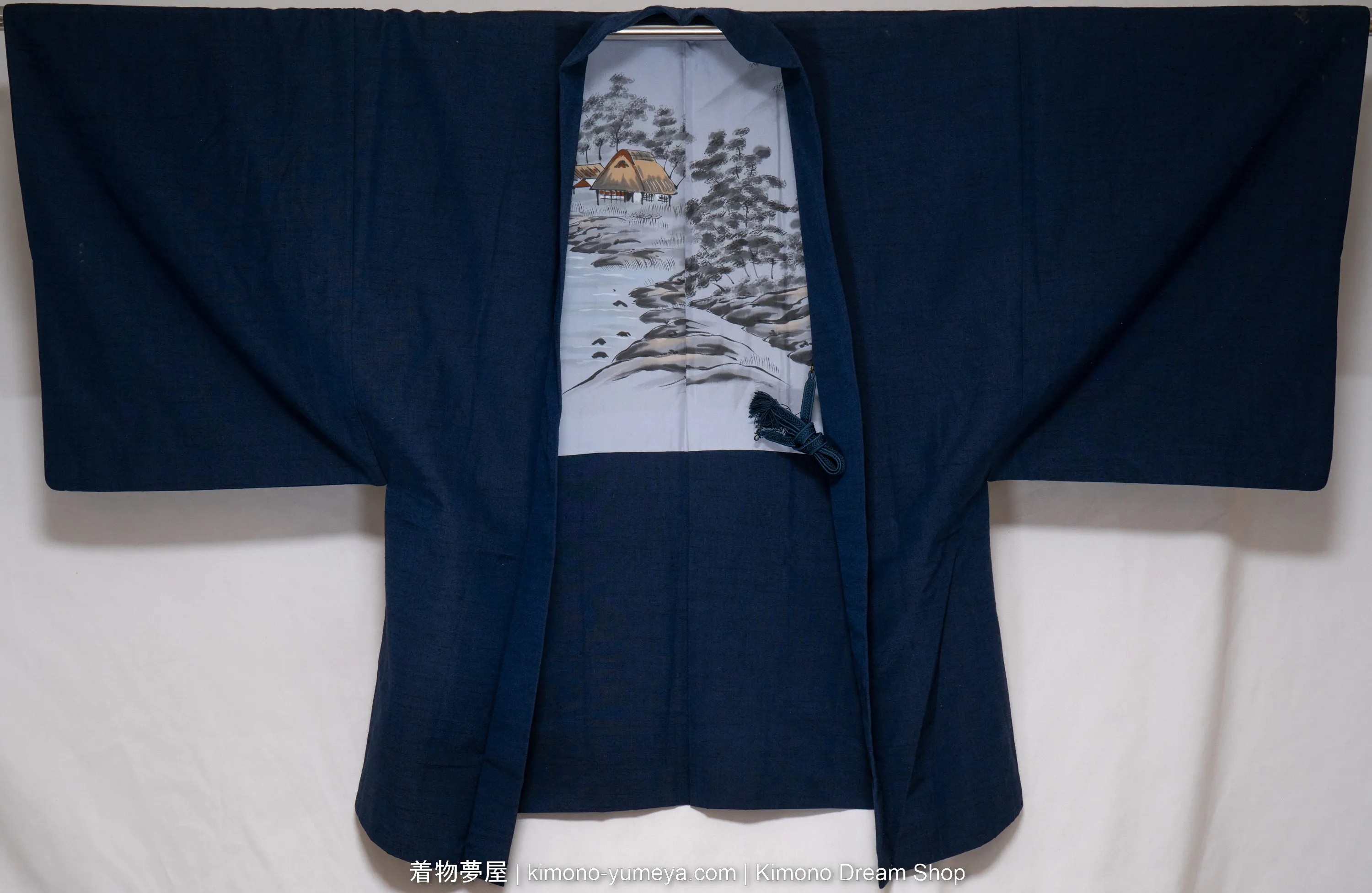 Vintage Blue Men's Haori - Raw Silk Traditional Japanese Kimono Jacket for Guys - Seaside Village & Trees on Lining