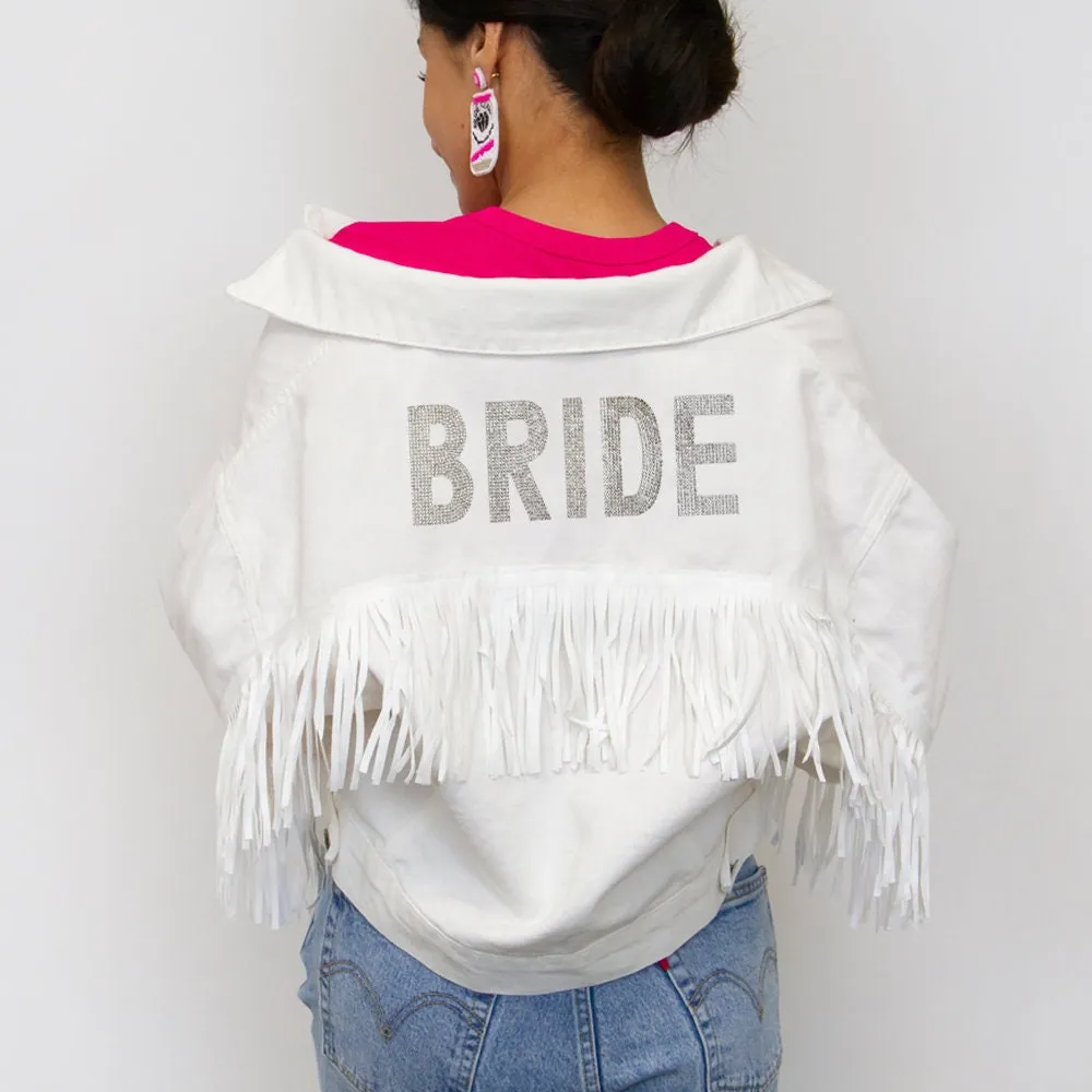 (White Fringe) Bride Rhinestone Patch Jean Jacket