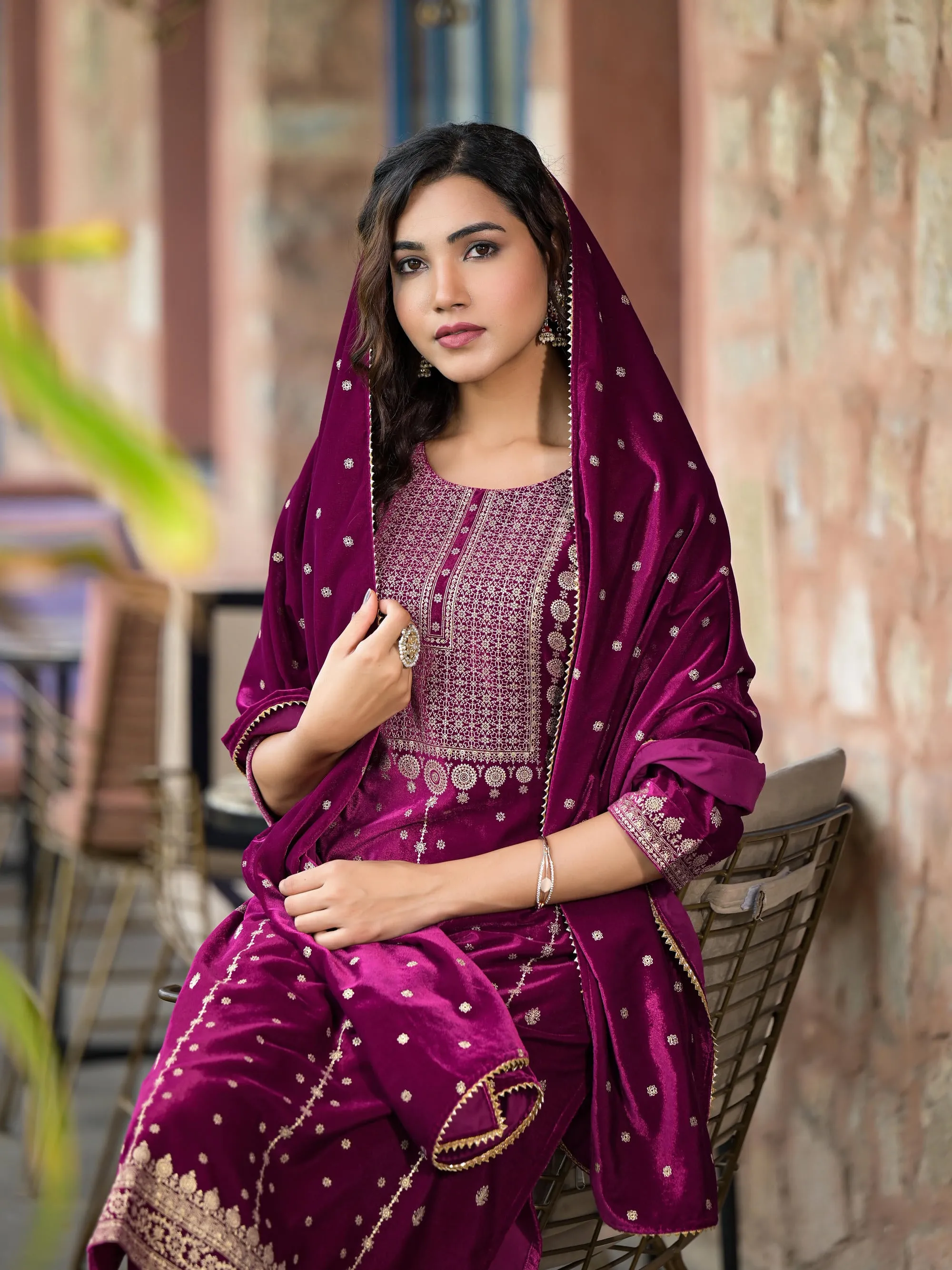 Wine Ethnic Motif Printed Velvet Kurta Set With Lace