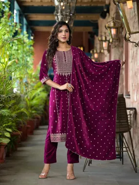 Wine Ethnic Motif Printed Velvet Kurta Set With Lace