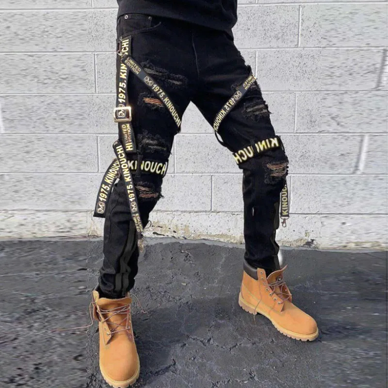 WLS Skinny Straight Pants Black Street Ripped Cargo Pants