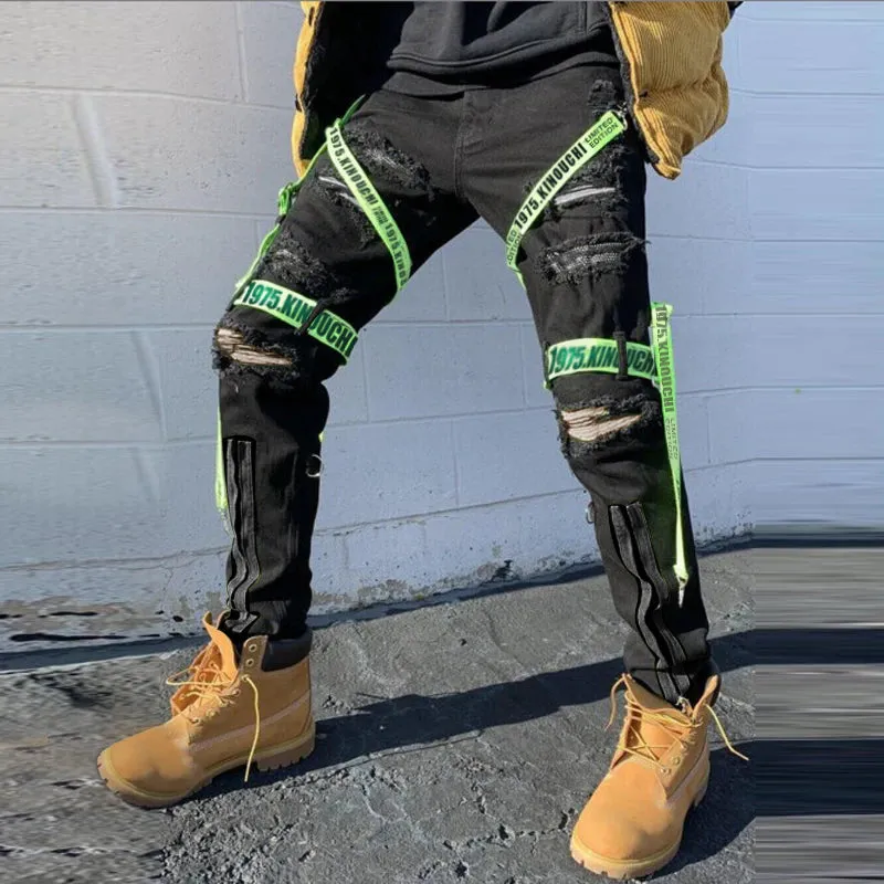 WLS Skinny Straight Pants Black Street Ripped Cargo Pants