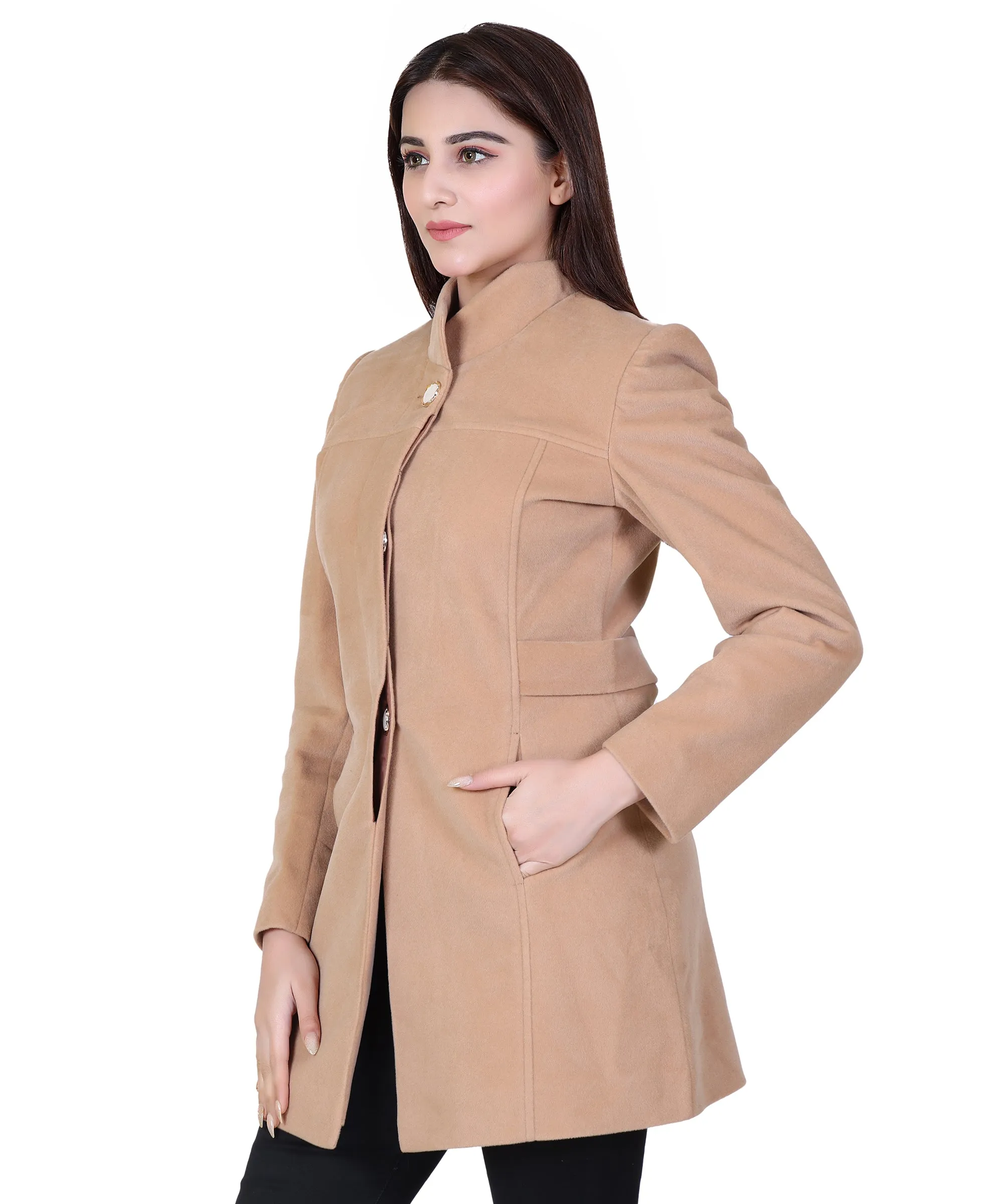 Women Casual Wool Blend Standard Length Full Sleeve High Collared Coat