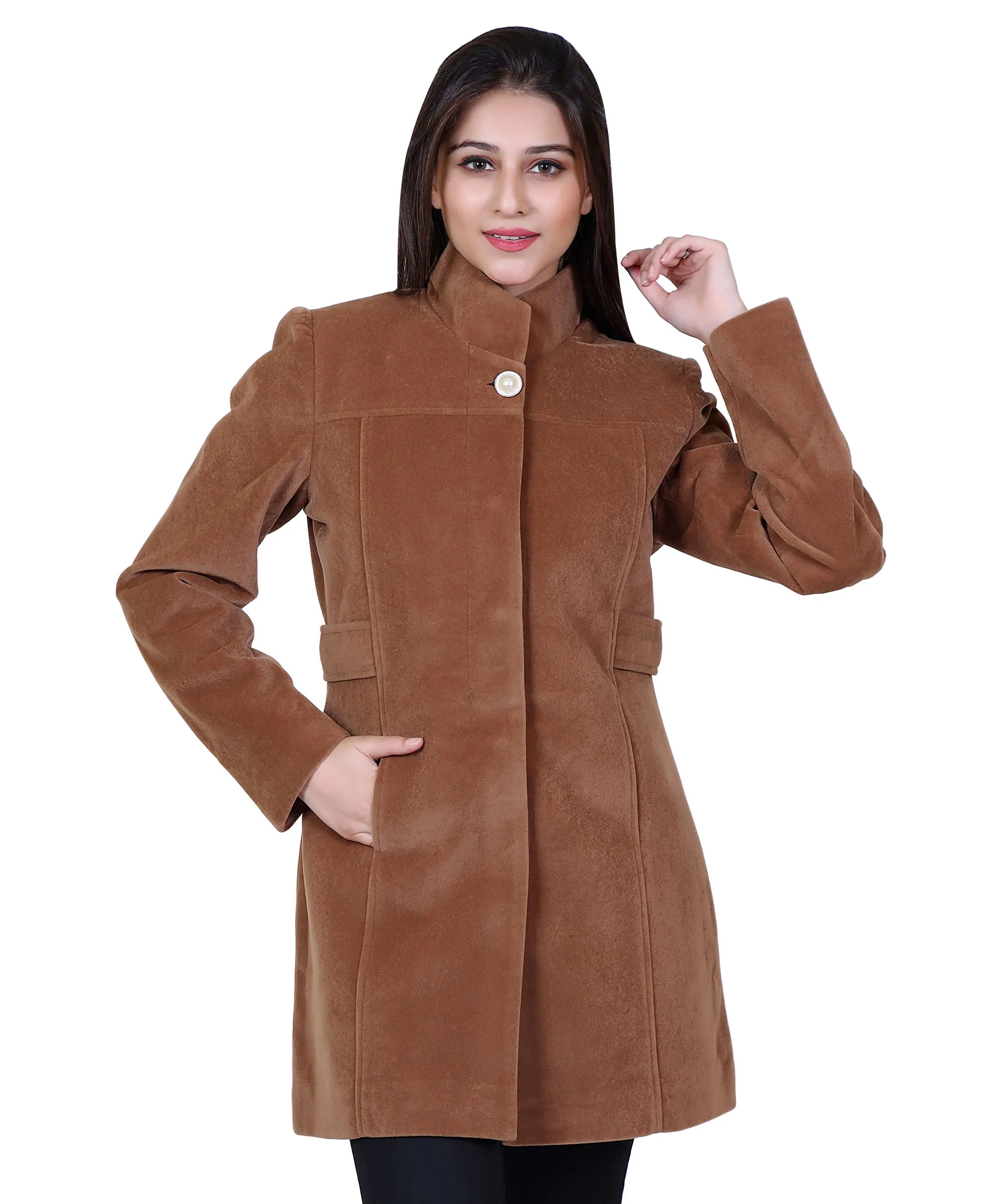 Women Casual Wool Blend Standard Length Full Sleeve High Collared Coat