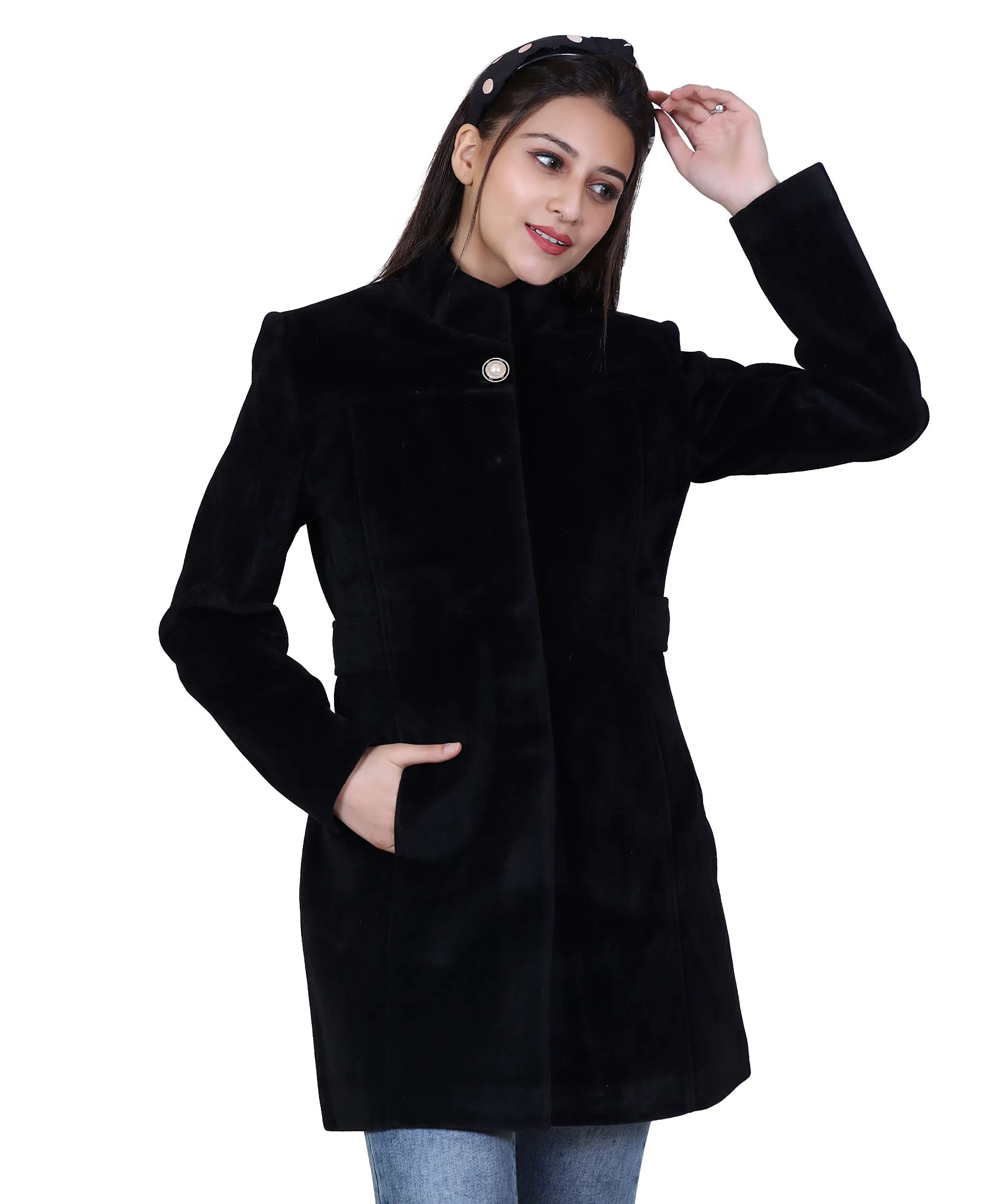 Women Casual Wool Blend Standard Length Full Sleeve High Collared Coat