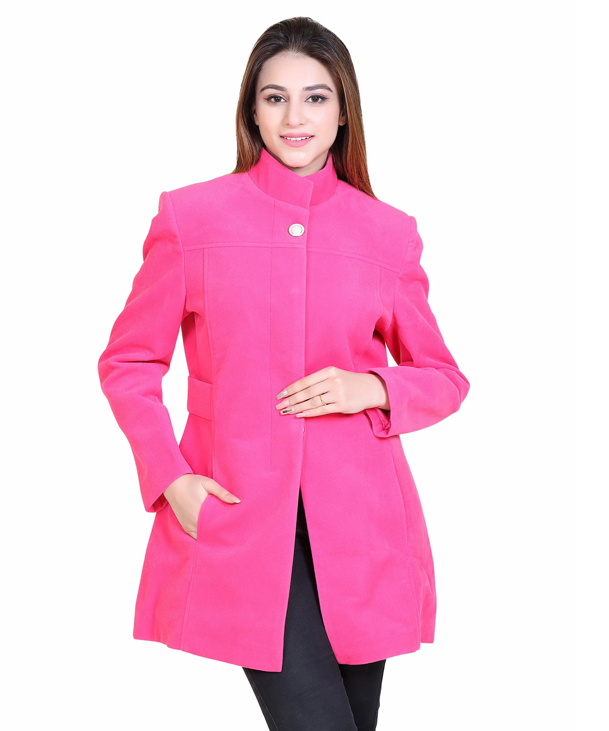 Women Casual Wool Blend Standard Length Full Sleeve High Collared Coat