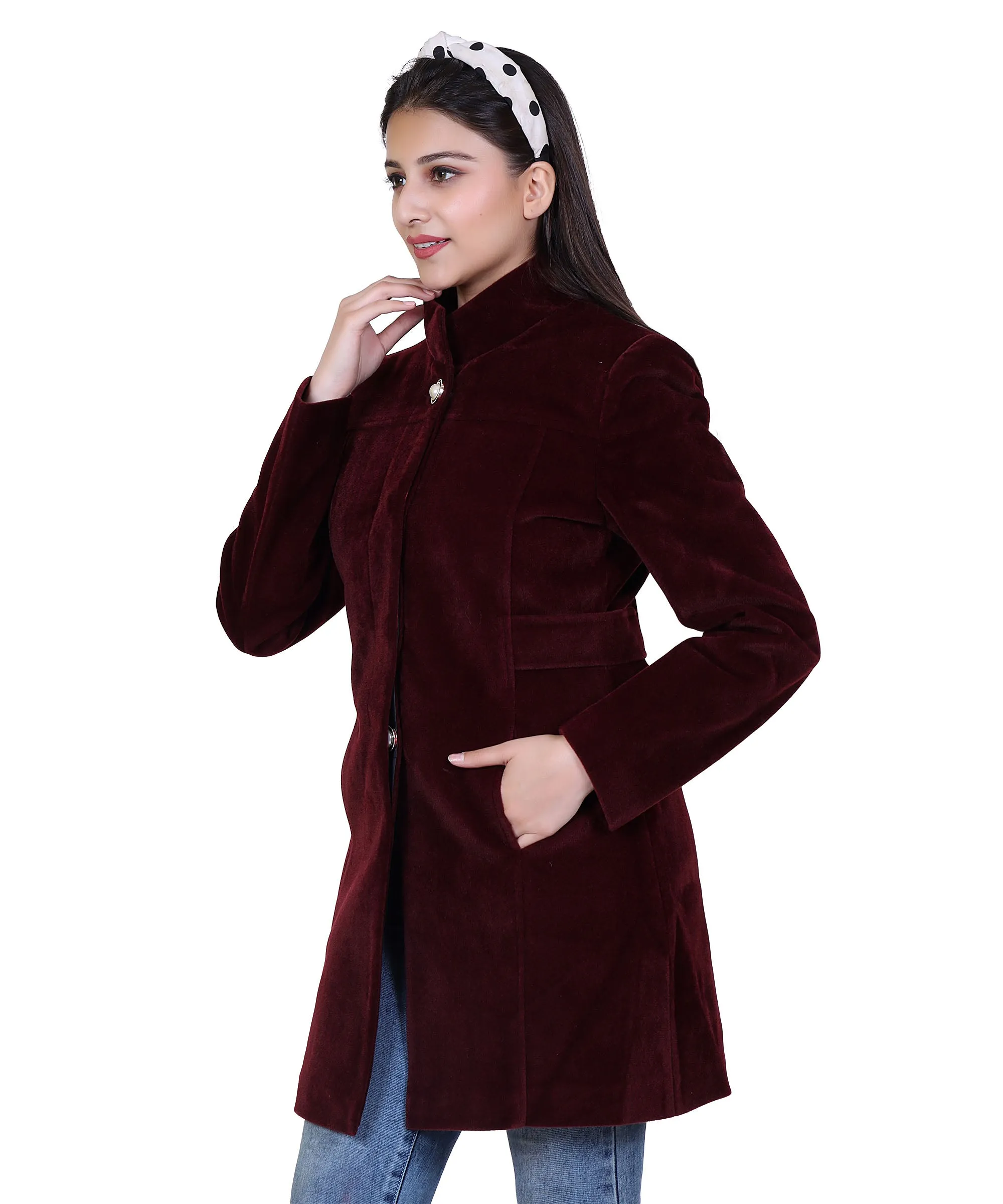 Women Casual Wool Blend Standard Length Full Sleeve High Collared Coat