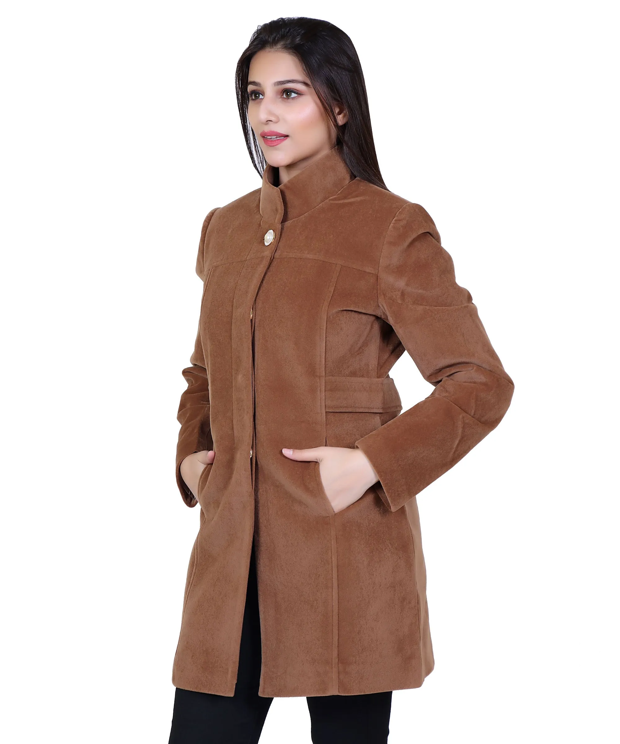 Women Casual Wool Blend Standard Length Full Sleeve High Collared Coat