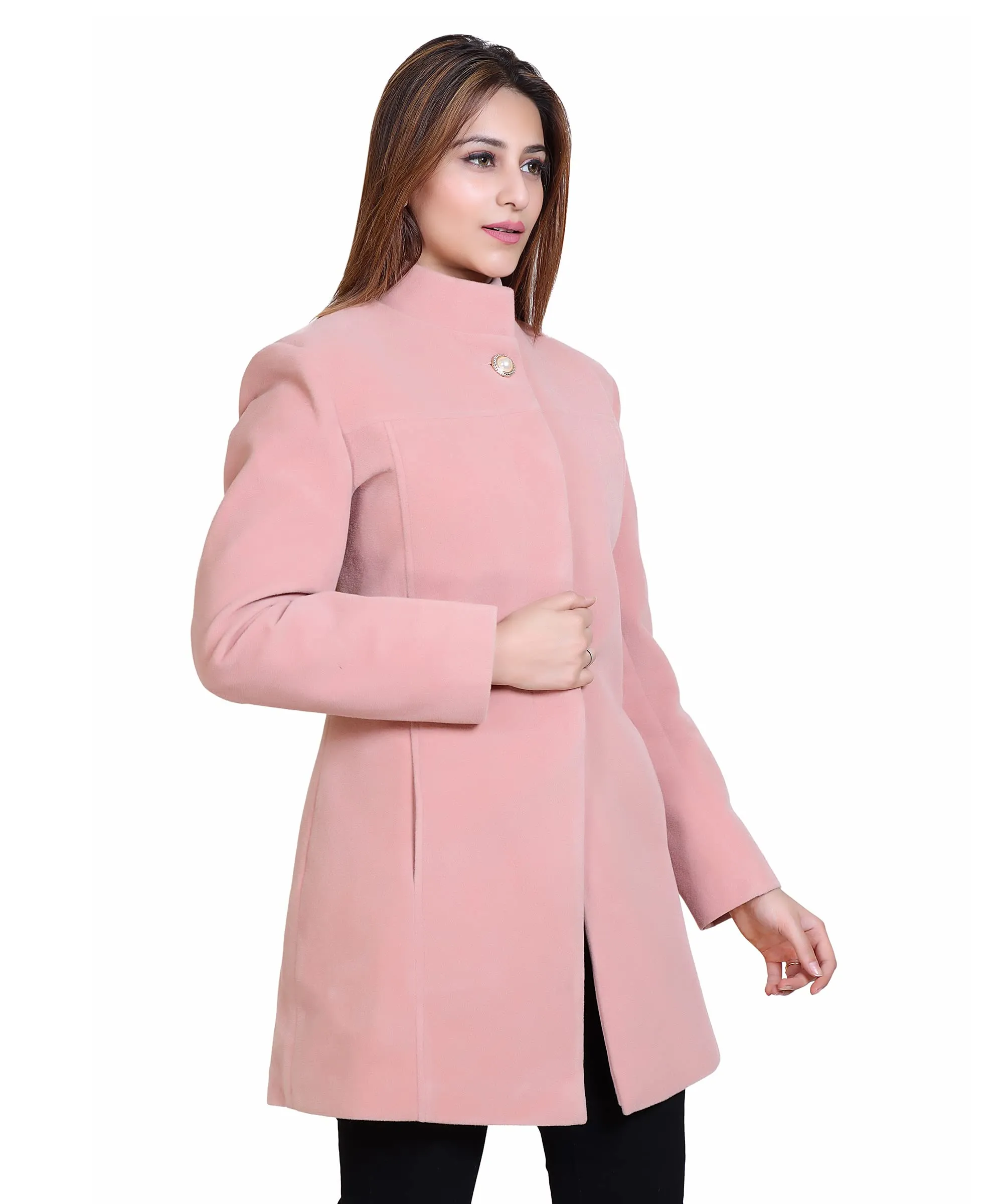 Women Casual Wool Blend Standard Length Full Sleeve High Collared Coat