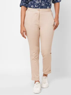 Women's Beige Cotton Lycra Slim Fit Pant