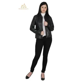 Women's Slim Fit Leather Jacket : Simple Zipped Casual Jacket