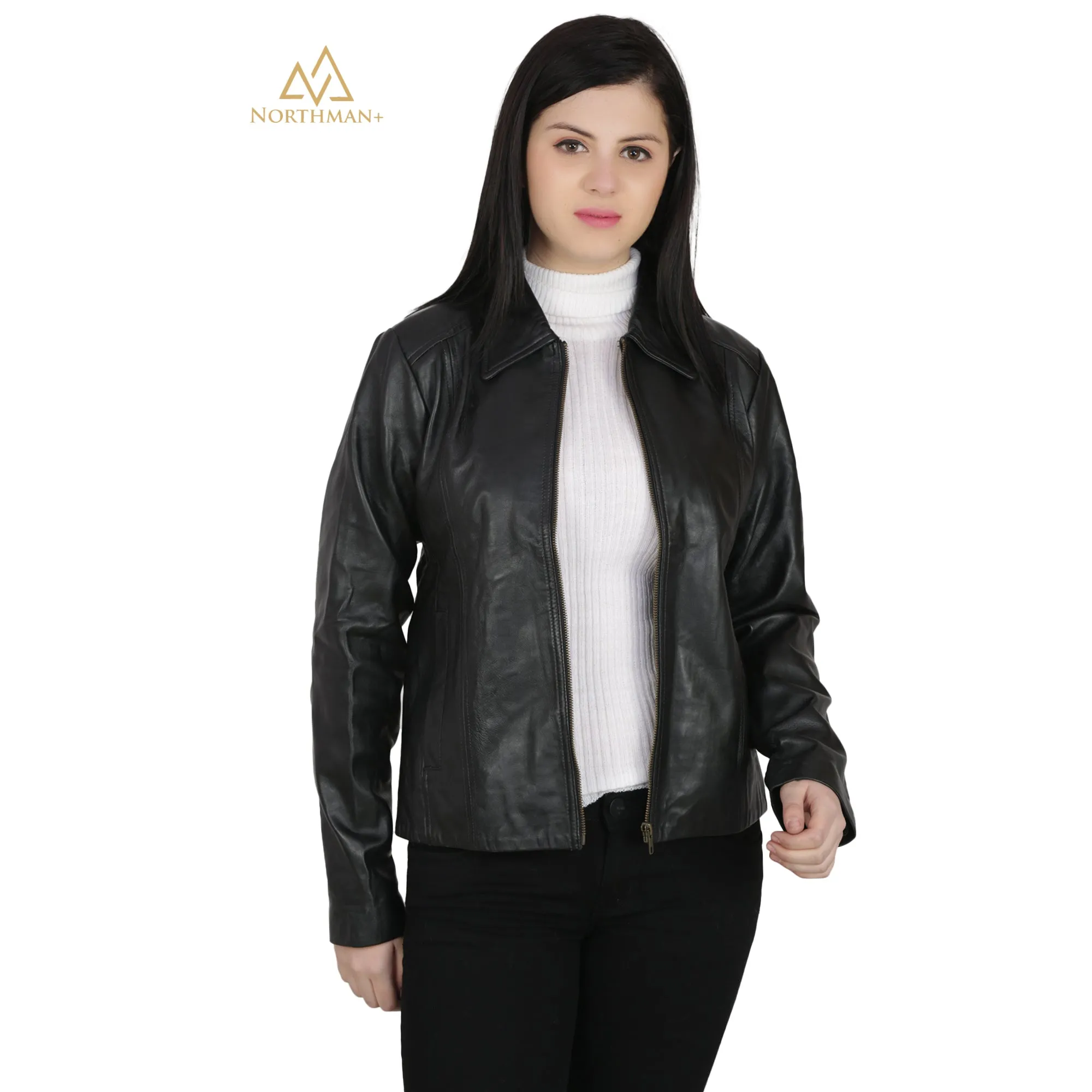 Women's Slim Fit Leather Jacket : Simple Zipped Casual Jacket