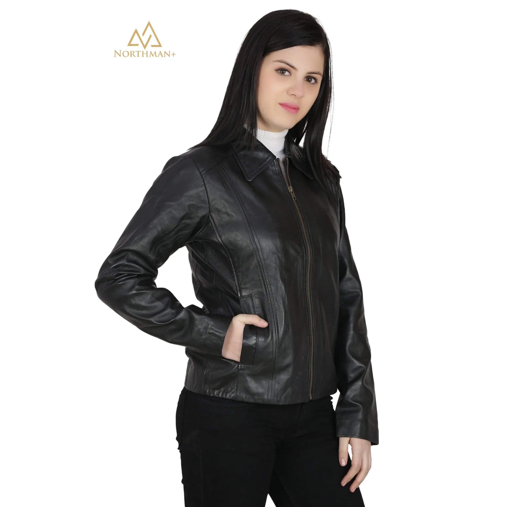 Women's Slim Fit Leather Jacket : Simple Zipped Casual Jacket