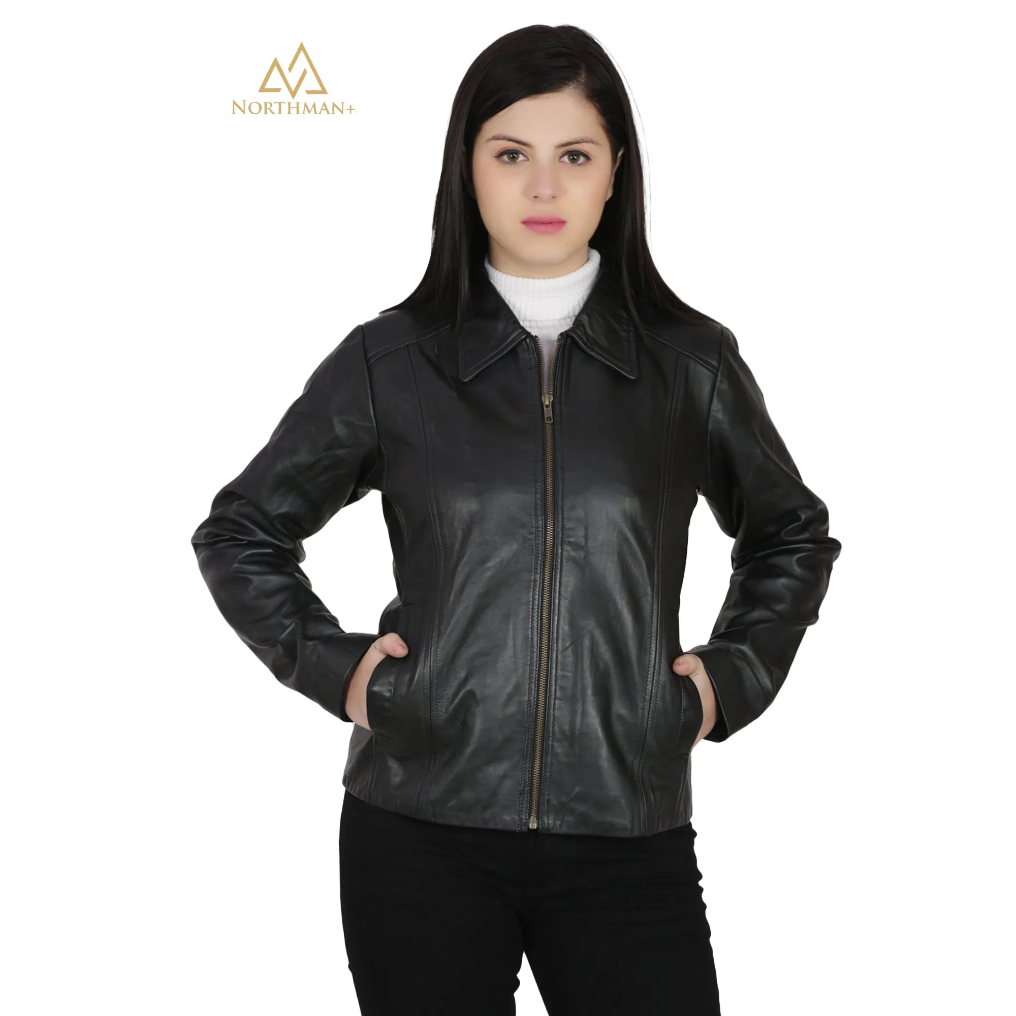 Women's Slim Fit Leather Jacket : Simple Zipped Casual Jacket