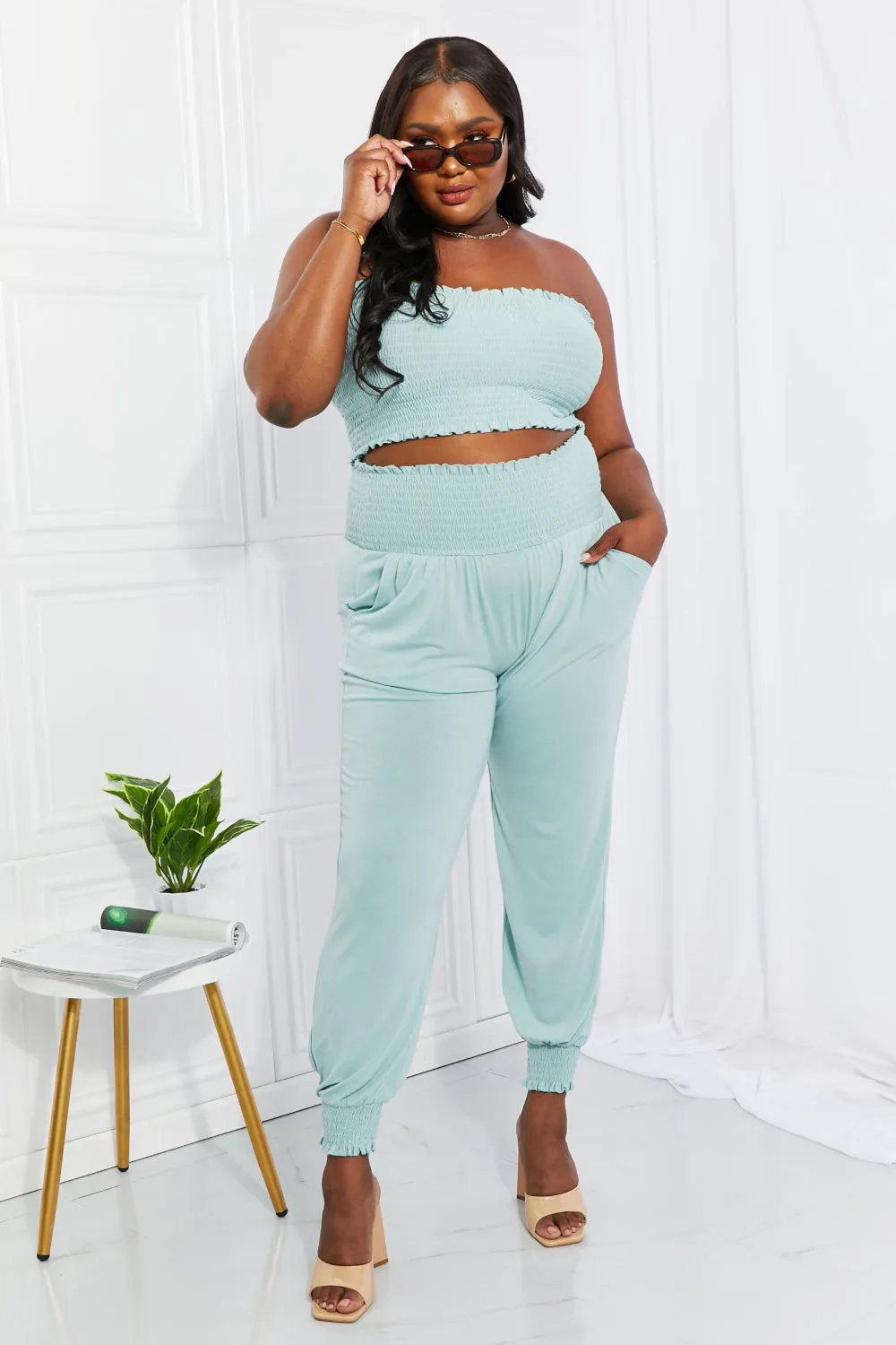 Zenana Full Size Stylish Comfort Smocked Tube Top & Joggers Set - Ships from The US