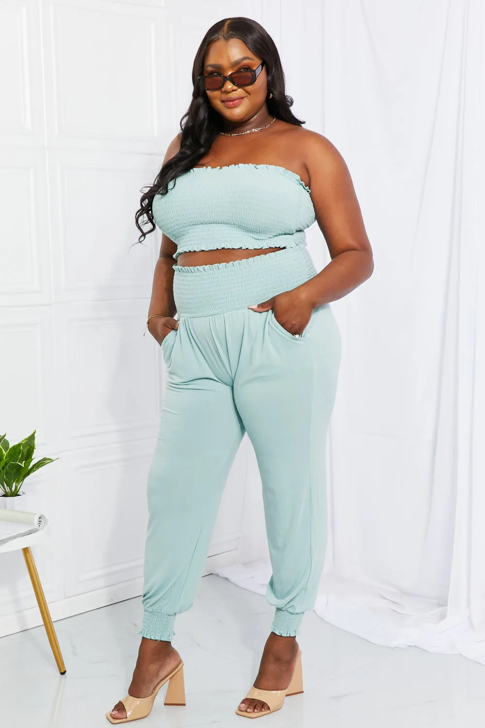 Zenana Full Size Stylish Comfort Smocked Tube Top & Joggers Set - Ships from The US